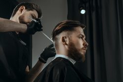 Barbershop,Theme.,Bearded,Barber,In,Black,Rubber,Gloves,Is,Trimming